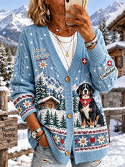 Damen-Strickcardigan mit Alpin-Print und Rollkragen