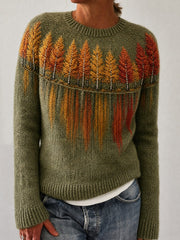 Damen-Vintage-Herbst-Pullover mit Yoke-Print, Motiv: Waldlandschaft im Spiegelbild, Rundhalsausschnitt