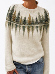 Damen-Vintage-Herbst-Pullover mit Yoke-Print, Motiv: Waldlandschaft im Spiegelbild, Rundhalsausschnitt