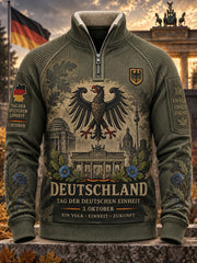 Gedenkdruck-Pullover mit Fleece-Innenfutter, Raglanärmeln und Mock-Neck zum Tag der Einheit der Männer
