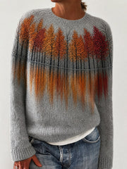 Damen-Vintage-Herbst-Pullover mit Yoke-Print, Motiv: Waldlandschaft im Spiegelbild, Rundhalsausschnitt
