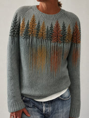 Damen-Vintage-Herbst-Pullover mit Yoke-Print, Motiv: Waldlandschaft im Spiegelbild, Rundhalsausschnitt