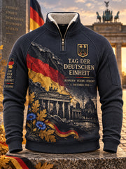 Gedenkdruck-Pullover mit Fleece-Innenfutter, Raglanärmeln und Mock-Neck zum Tag der Einheit der Männer