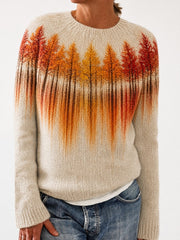 Damen-Vintage-Herbst-Pullover mit Yoke-Print, Motiv: Waldlandschaft im Spiegelbild, Rundhalsausschnitt