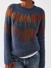 Damen-Vintage-Herbst-Pullover mit Yoke-Print, Motiv: Waldlandschaft im Spiegelbild, Rundhalsausschnitt