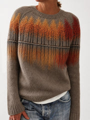 Damen-Vintage-Herbst-Pullover mit Yoke-Print, Motiv: Waldlandschaft im Spiegelbild, Rundhalsausschnitt
