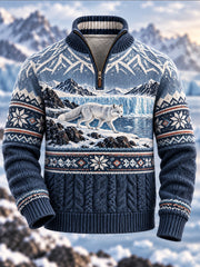 Herren-Flanellpullover mit nordischem Tiermuster und halber Zipperleiste