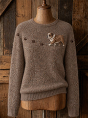 Damen Lovely Bulldog Walking & Paw Prints Yoke Print Rundhals pullover