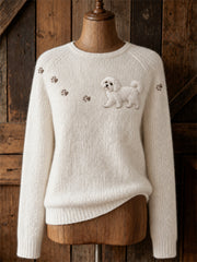Damen schöne maltesische Hunde-und Pfoten drucke Yoke Print Pullover mit Rundhals ausschnitt