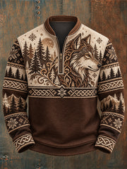 Herren-Flanell-Halbzip-Sweatshirt mit nordischem Tiermuster
