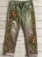 Damenjeans im lässigen, bequemen Stil mit Vintage-Blumen-Art-Print