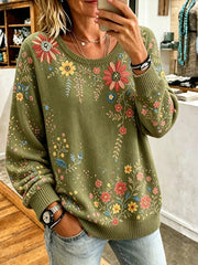 Damen-Strickpullover mit Rundhalsausschnitt, lässig und bequem, mit vintage Blumen-Art-Print