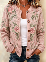 Damen Vintage Floral Art Print lässig bequeme Strickjacke Pullover
