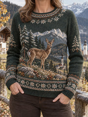 Langärmeliger Damenpullover mit ländlichem Landschaftsmotiv