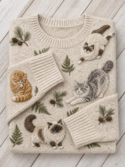 Damenpullover mit runder Ausschnitt und lieblichem Blumenmuster aus Katzen und Waldblättern