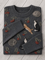 Damenpullover mit runder Ausschnitt und lieblichem Blumenmuster aus Katzen und Waldblättern