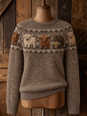Damen-Pullover im Vintage-Stil mit Yoke-Isle-Print und Rundhalsausschnitt, Motiv: Hochlandrinder