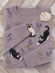 Damen Reizende Katzen & Lavendel Blumenmuster Print Rundhals pullover