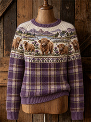 Damen-Vintage-Pullover mit Rundhalsausschnitt, Motiv: Schottlands Hochlandrinder, Landschaft und Tartan-Muster auf dem Schulterbereich