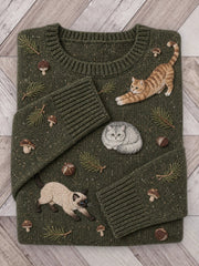 Damen Reizende Katzen & Wald pilz blätter Muster Druck Rundhals pullover