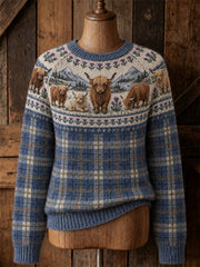 Damen-Vintage-Pullover mit Rundhalsausschnitt, Motiv: Schottlands Hochlandrinder, Landschaft und Tartan-Muster auf dem Schulterbereich