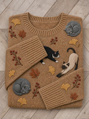 Damen Reizende Katzen & Herbst blätter Blumenmuster Print Rundhals pullover