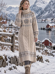 Damen klassisches Nordic Fair Isle Kleid mit hohem Ausschnitt