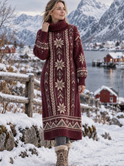 Klassisches Kleid mit hohem Ausschnitt, Nordic-Print