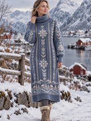 Frauen Nordic Snowflake-Print Künstlerisches Kleid mit hohem Ausschnitt