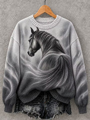 Damen Vintage Pferd Kunstdruck Crew Hals Pullover