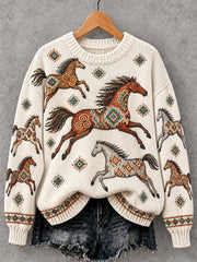 Damen-Vintage-Pullover mit Pferde-Art-Print und Rundhalsausschnitt