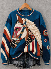 Damen-Vintage-Pullover mit Pferde-Art-Print und Rundhalsausschnitt