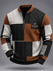 Herren-Jesus-Rettet-Kreuz-Glaube-Farbblock-Strickmuster-Print-Lässiger-Pullover-mit-Reißverschluss