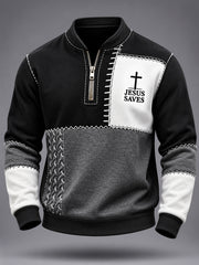 Herren Jesus rettet Kreuz Glaube Color block Kabel muster Print Casual Reiß verschluss Pullover