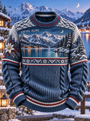Herren Vintage Schweizer Kunstdruck Casual Pullover mit Rundhals ausschnitt