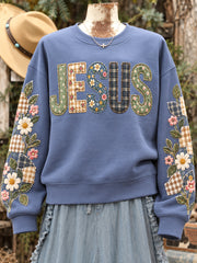 Damen-Blumen-Jesus-Patchwork-Print-Sweatshirt