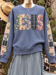 Damen-Blumen-Jesus-Patchwork-Print-Casual-Sweatshirt