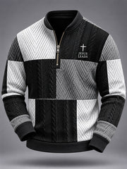 Herren-Jesus-Kreuz-Glaube-Farbblock-Strickmuster-Print-Lässiger Reißverschluss-Pullover