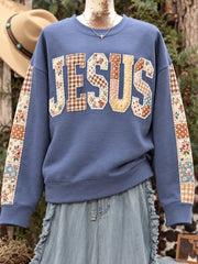 Damen-Blumen-Jesus-Patchwork-Print-Casual-Sweatshirt