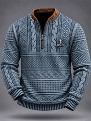 Herren Jesus Cross Faith Kabel muster Print Casual Reiß verschluss Pullover