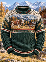 Herren-Vintage-Schweizer Kunstdruck-Lässiger Rundhalspullover