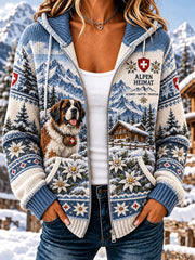 Damen-Strickkapuzenpullover mit alpinem Gedenkmotiv