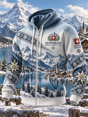 Herren-Kapuzenpullover im alpinen Stil mit grafischem Print und Waffelstruktur