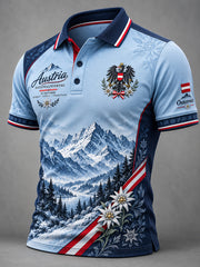 Herren-Poloshirt mit Nationaltag-Gedenkdruck und kurzen Ärmeln