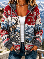 Damen-Strickkapuzenpullover mit alpinem Gedenkmotiv