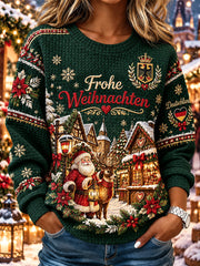 Damen-Weihnachtsprint-Top aus Waffelstrick mit langen Ärmeln