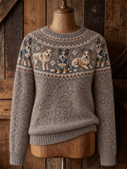 Damen Vintage Cattle Dogs Yoke Isle Print Pullover mit Rundhals ausschnitt