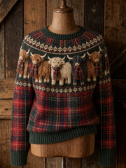 Damen Vintage Highland Cows Yoke & Schottland Tartan Print Rundhals pullover
