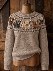 Damen-Pullover im Vintage-Stil mit Yoke-Isle-Print und Rundhalsausschnitt, Motiv: Hochlandrinder