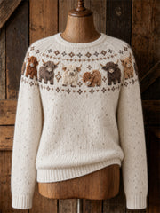 Damen-Pullover im Vintage-Stil mit Yoke-Isle-Print und Rundhalsausschnitt, Motiv: Hochlandrinder
